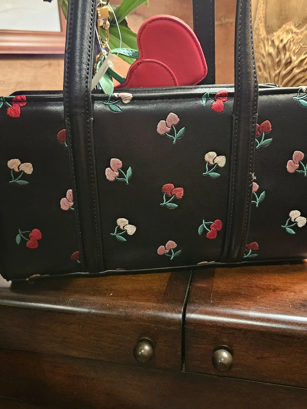Betsey Johnson Black Satchel with Pink Cherry Heart Keychain